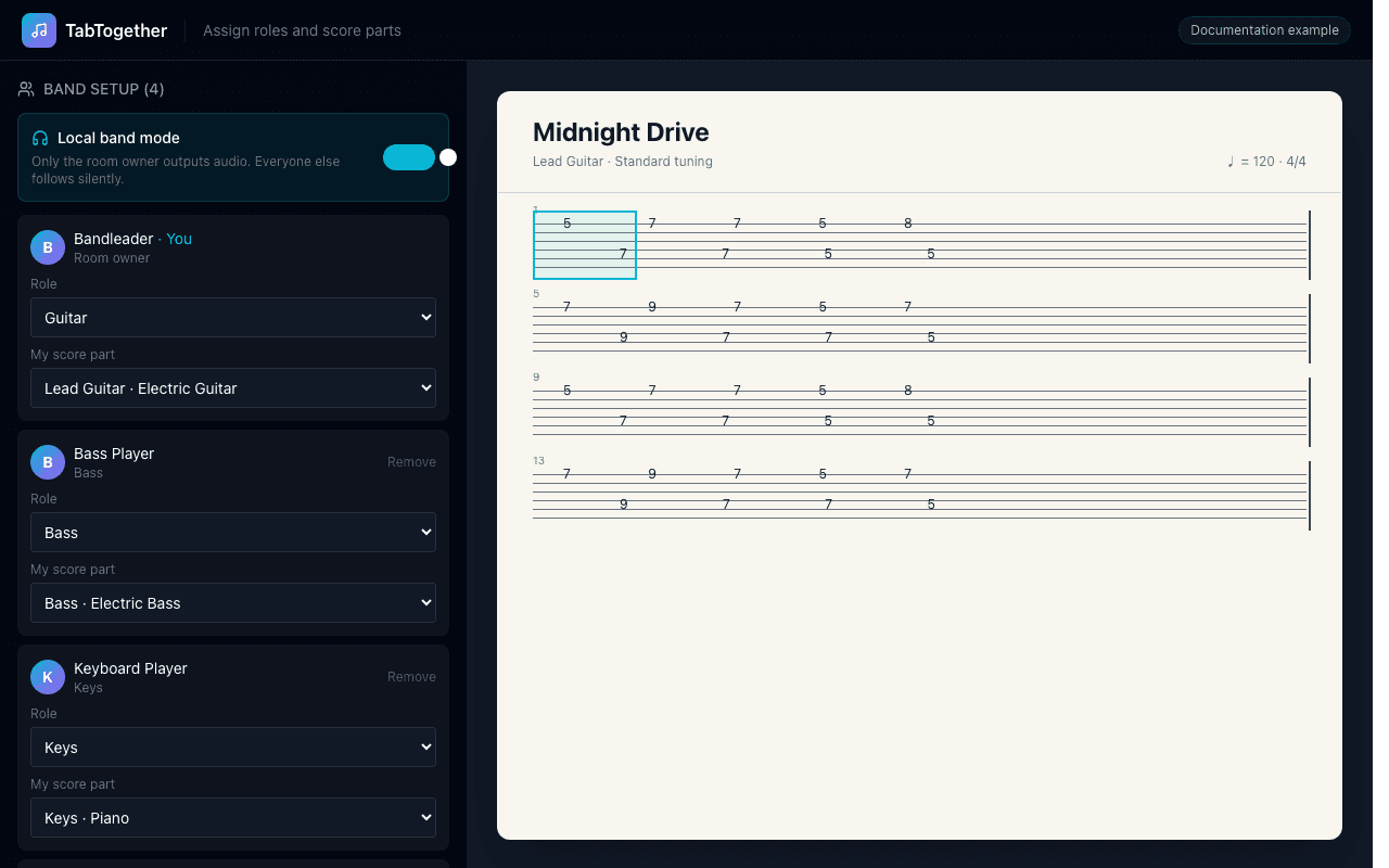 Band Setup panel assigning roles and Guitar Pro tracks