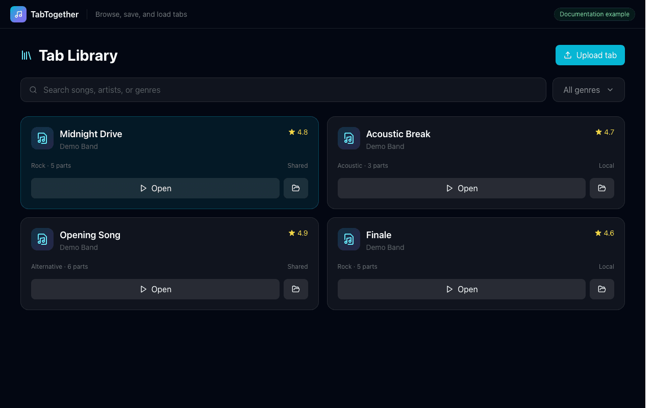 Example TabTogether tab library with search and song cards