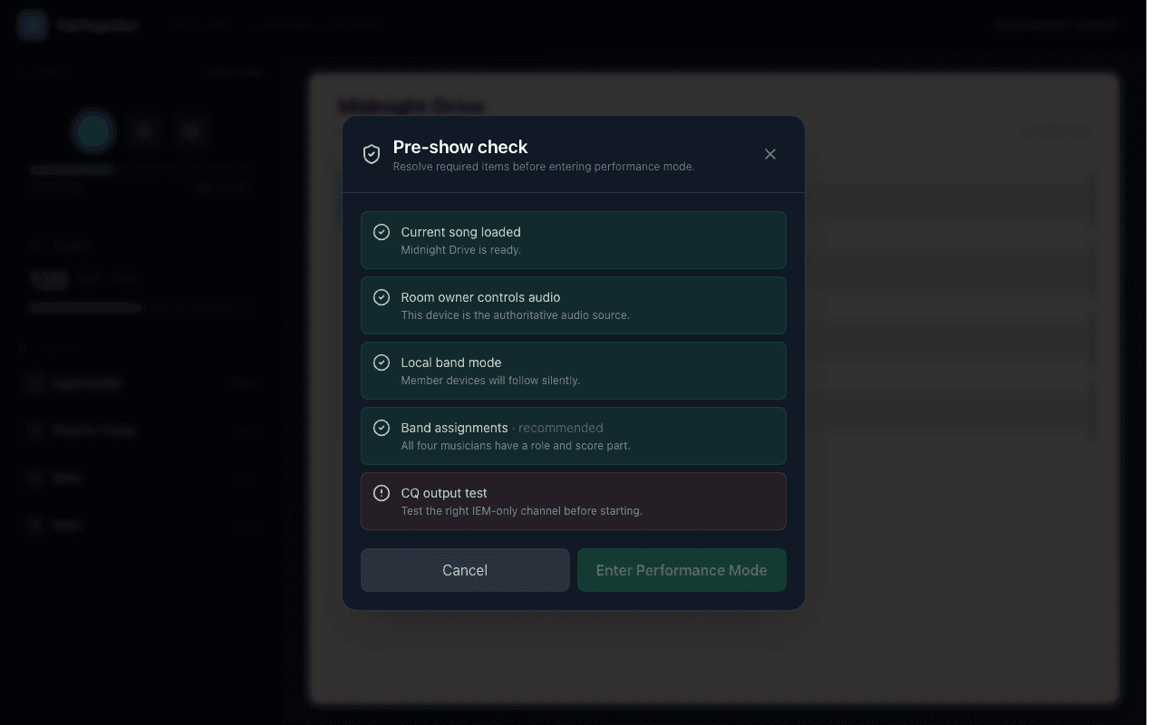 Pre-show checklist with passed items and one blocked CQ output test