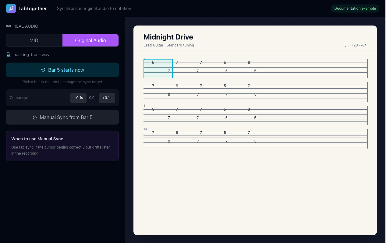 Original Audio controls showing bar anchor, cursor nudge, and Manual Sync