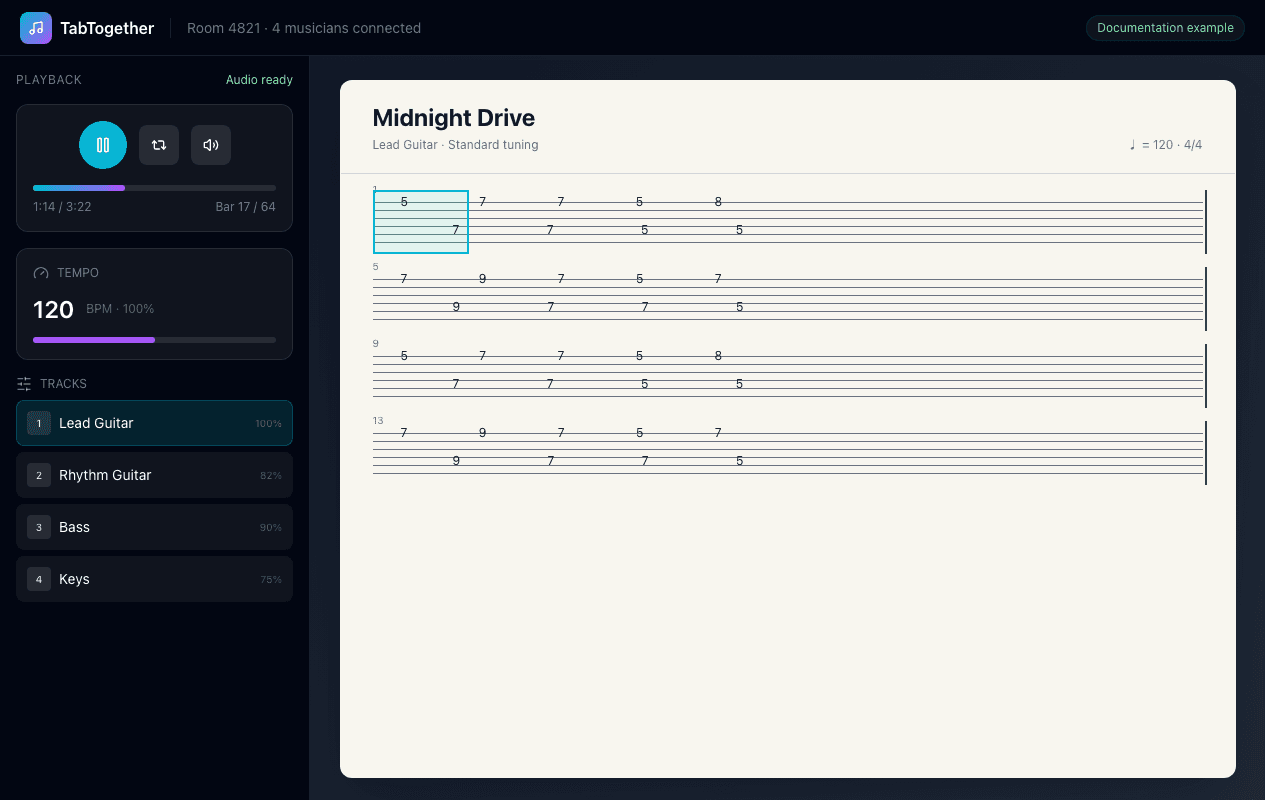 Example rehearsal workspace with playback sidebar and tablature